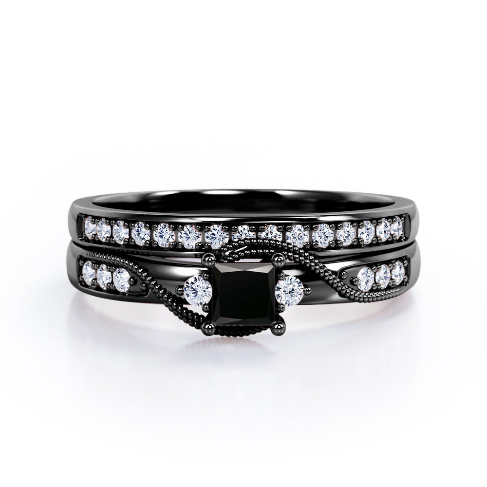 Trilogy Duo Milgrain 0.7 TCW Princess Cut Black Diamond Vintage Bridal Ring Set in White Gold