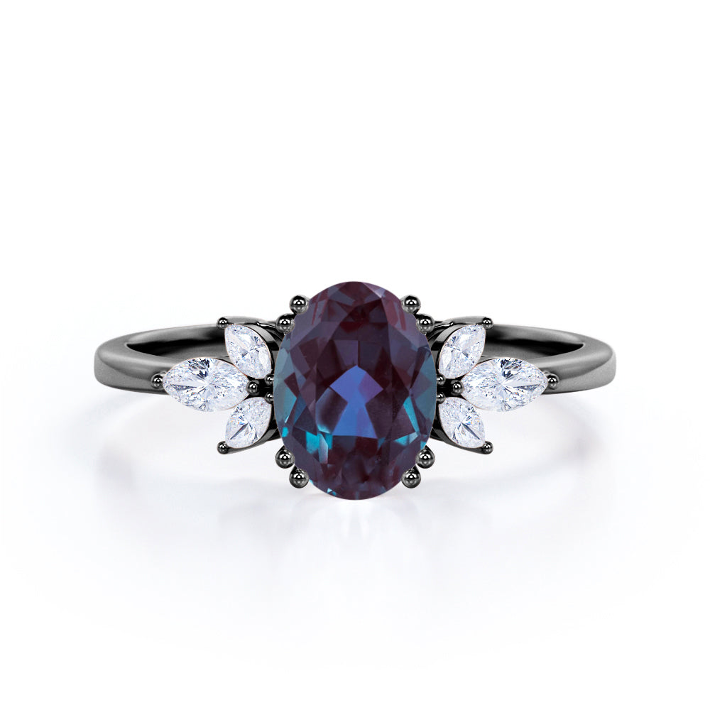Leaf Design Eight Prongs 1.40 Carat Oval Cut Lab Created Alexandrite And Diamond Seven Stone Engagement Ring In White Gold