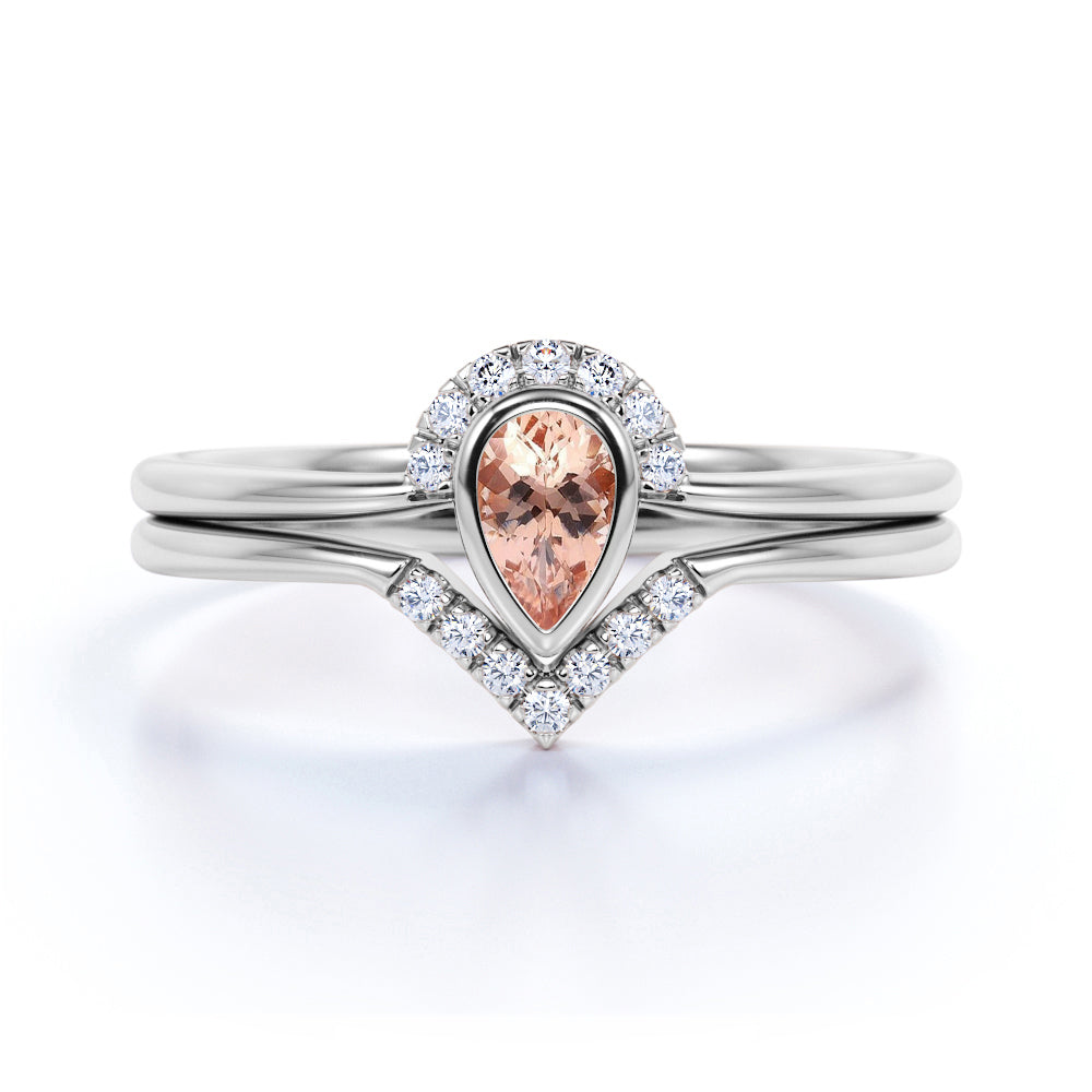 Bezel Set 1.75 Carat Almond Shape Morganite and Diamond Contour Wedding Set in Rose Gold