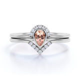 Bezel Set 1.75 Carat Almond Shape Morganite and Diamond Contour Wedding Set in Rose Gold