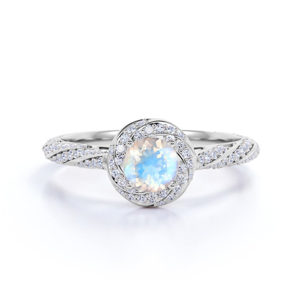 1.25 Carat Round Moonstone and Diamond Engagement Ring in Rose Gold - Blue Moonstone Ring