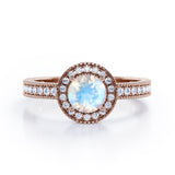 Decorative Halo 1 carat Round Moonstone and Diamond Milgrain Engagement Ring in White Gold