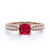 Beaded Eight Prongs 1.25 Carat Cushion Cut Lab-Created Ruby And Diamond Antique Milgrain Engagement Ring In Rose Gold