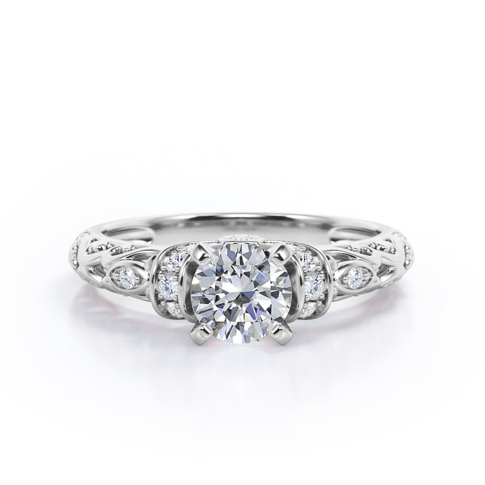 Unique Four Prong 1.15 Carat Round Cut Moissanite And Diamond Art Deco Engagement Ring In Rose Gold