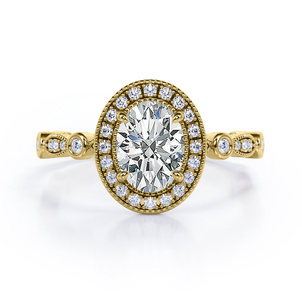 Vintage Halo 1.35 Carat Oval Cut Moissanite And Diamond Art Deco Engagement Ring In Rose Gold