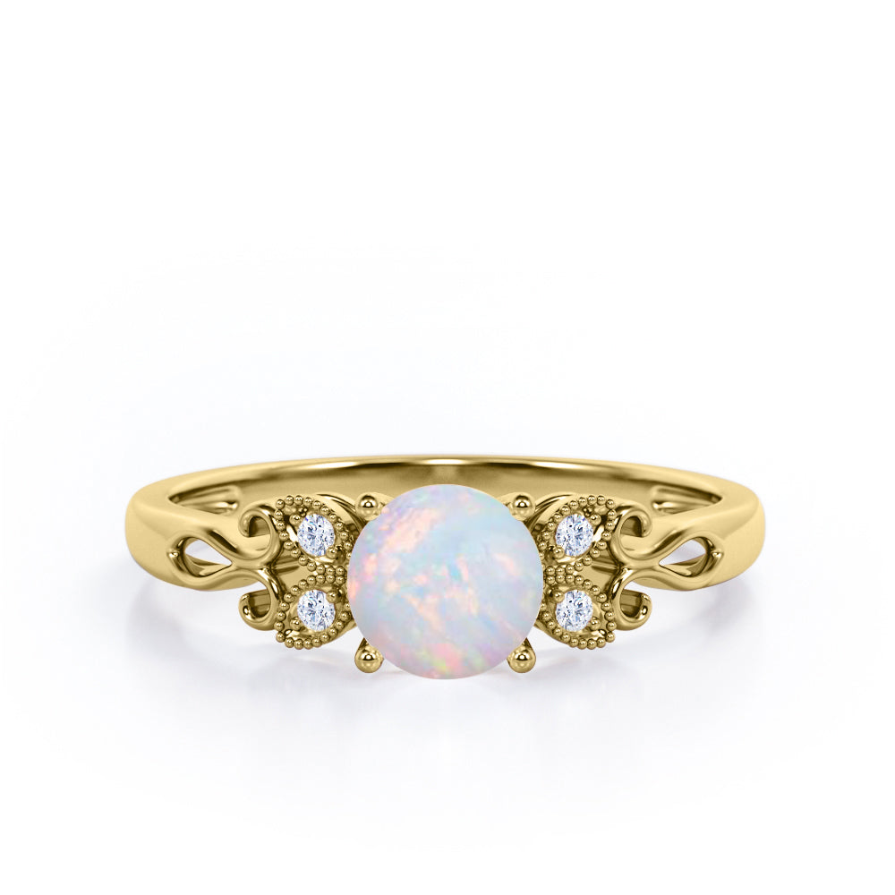 Tiny Butterfly 0.5 carat Round Opal and Diamond Vintage Engagement Ring in Rose Gold