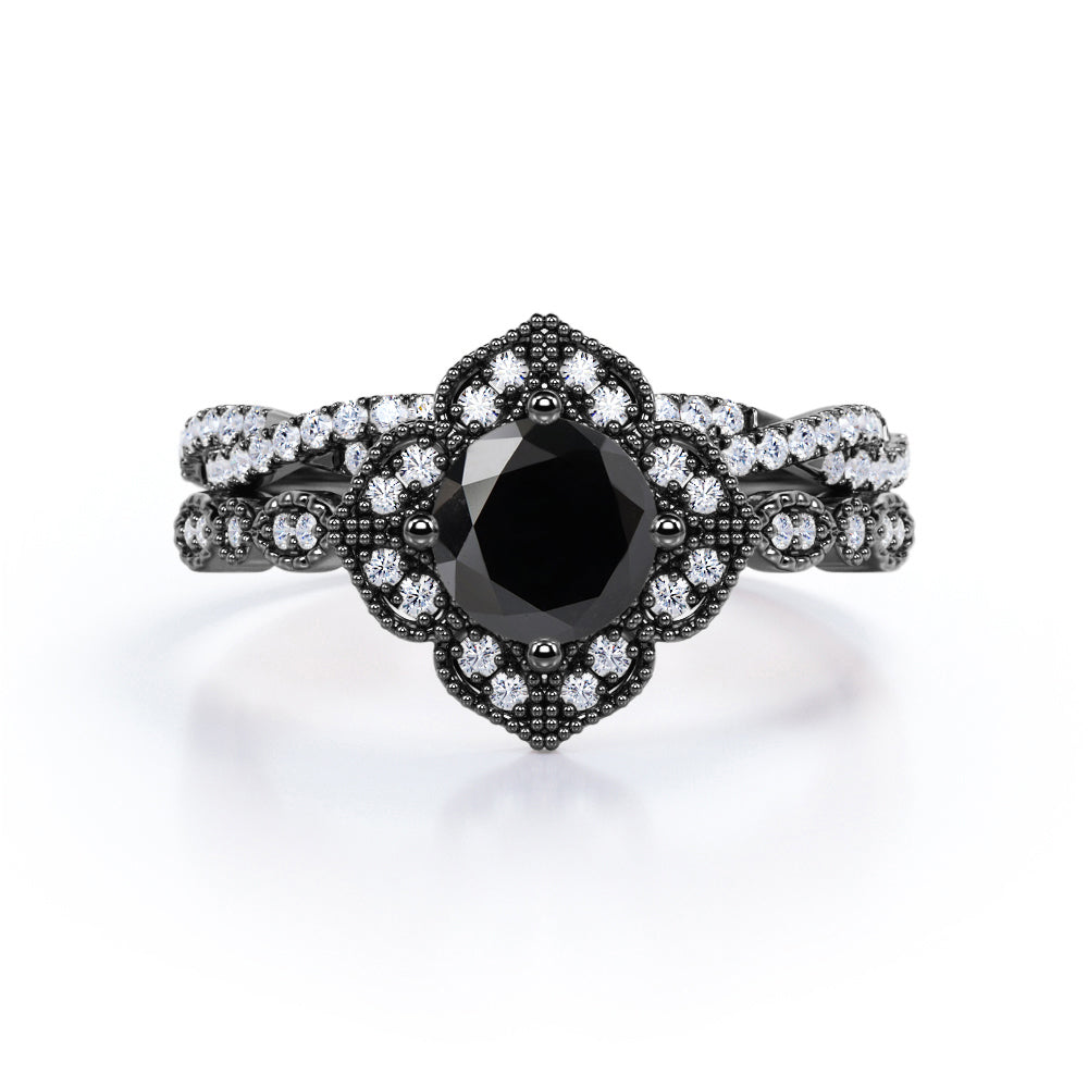 2 ct Round Lab Black Diamond Art Deco Wedding Ring Set