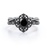 2 ct Round Lab Black Diamond Art Deco Wedding Ring Set