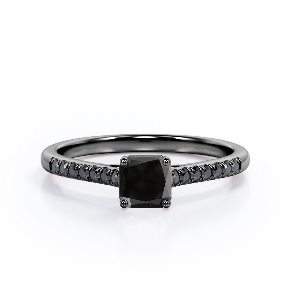 Four Prong Set - 1.25 TCW Princess Cut Lab Created Black Diamond - Scalloped Pave Engagement Ring in White Gold