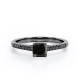 Four Prong Set - 1.25 TCW Princess Cut Lab Created Black Diamond - Scalloped Pave Engagement Ring in White Gold