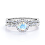 1.75 Carat Round Rainbow Moonstone and Diamond Halo Wedding Ring Set in Rose Gold