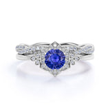 Vintage Floral Halo Cluster 2 Carat Round Cut Sapphire and Diamond Bridal Set with Infinity Band in White Gold
