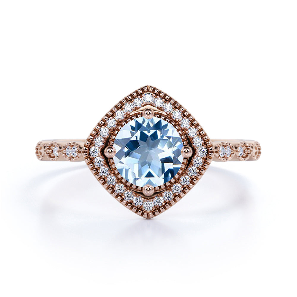 Antique style 1.25 Carat Aquamarine and Diamond Engagement Ring in White Gold