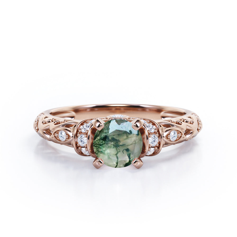 Unique Four Prong 1.15 Carat Round Cut Green Moss Agate And Diamond Art Deco Engagement Ring In White Gold