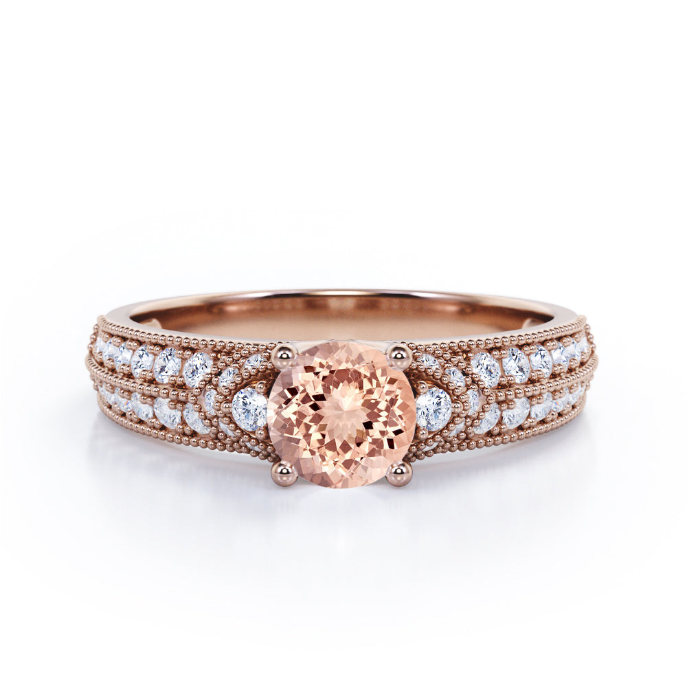 Antique 4 Prong 1.50 Carat Round Cut Morganite And Diamond Vintage Milgrain Layered Engagement Ring In White Gold