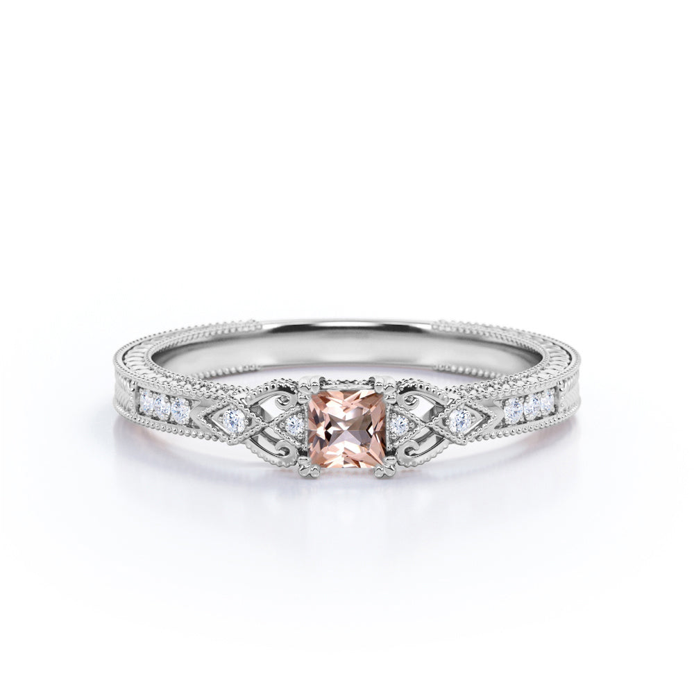 Unique Intricate Design 0.6 carat Princess Morganite and Moissanite Promise Ring in Rose Gold