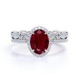 Art Deco Micro Pave Set 1.50 Carat Oval Cut Lab Ruby and Diamond Halo Wedding Set with Art Deco Band in White Gold