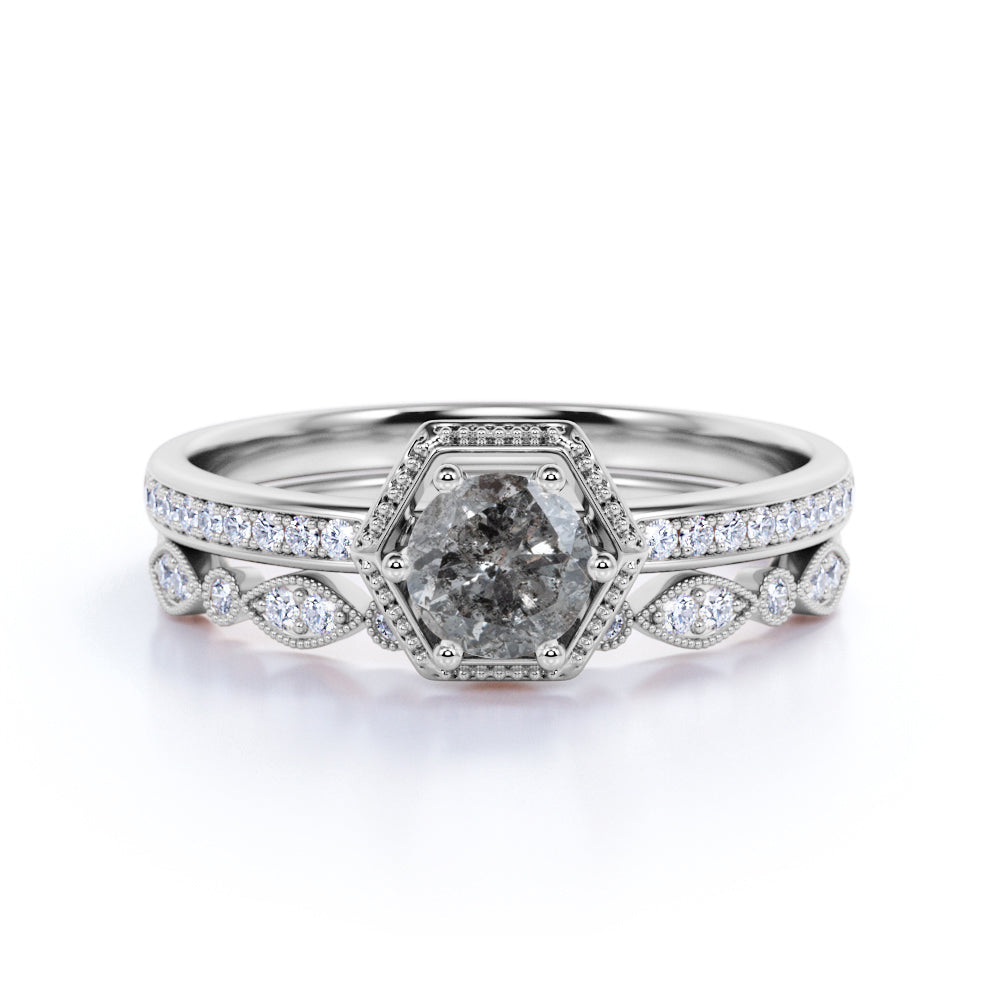 Hexagon Bezel Set 1 Carat Round Cut Natural Black Grey Salt and Pepper Diamond Channel Set Art Deco Bridal Set Rings