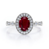 Vintage Halo 1.35 Carat Oval Cut  Lab Ruby And Diamond Art Deco Engagement Ring In Rose Gold