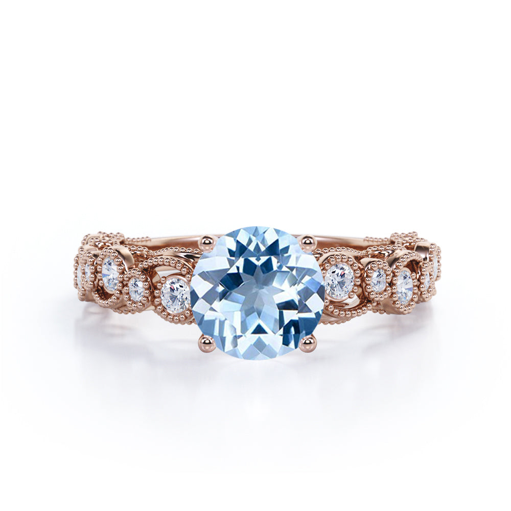 Vintage Solitaire 1.75 Carat Round Cut Vivid Deep Sea Blue Aquamarine and Diamond Milgrain Art Deco Engagement Ring in White Gold for Her