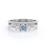 1.10 Carat Princess Cut Aquamarine And Diamond Three Stone Wedding Ring Set In White Gold
