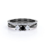 1.45 Carat Round Cut Lab Grown Black Diamond Three Stone Wedding Ring Set In White Gold
