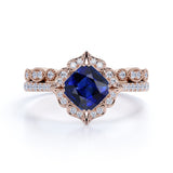Unique Floral Styled 2 Carat Cushion Cut Sapphire and Diamond Halo Wedding Set with Art Deco Milgrain Band in White Gold