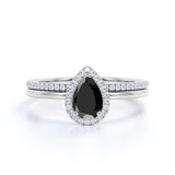 1.35 Carat Pear cut Lab Black Diamond Bridal Set with semi eternity wedding band in White Gold