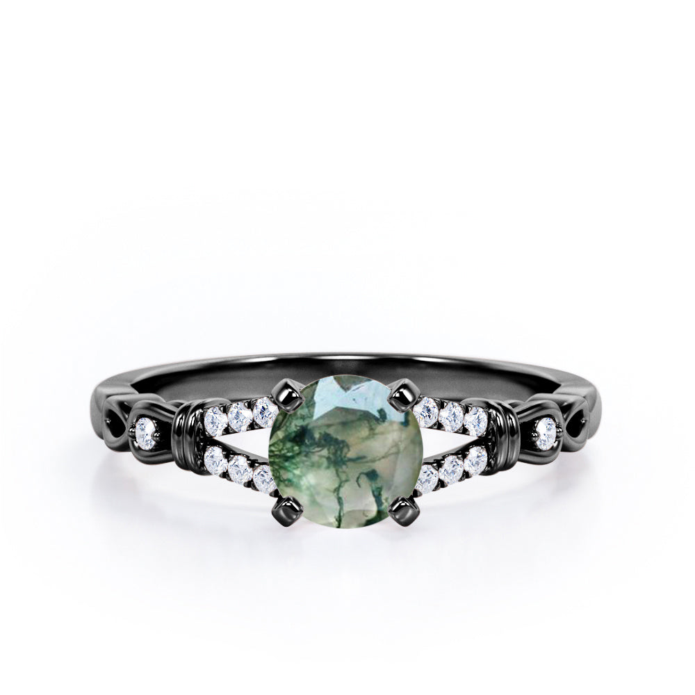 Split Shank 0.6 carat Round Moss Green Agate and Diamond Engagement Ring in Rose Gold