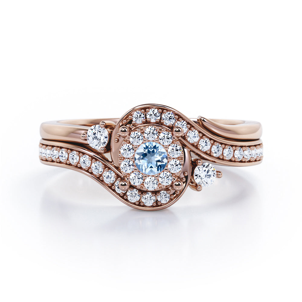 Pave-Prong Design 0.55 TCW Round Shape Aquamarine and Moissanite Bridal Ring Set in White Gold