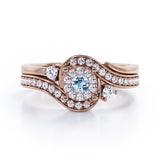 Pave-Prong Design 0.55 TCW Round Shape Aquamarine and Moissanite Bridal Ring Set in White Gold