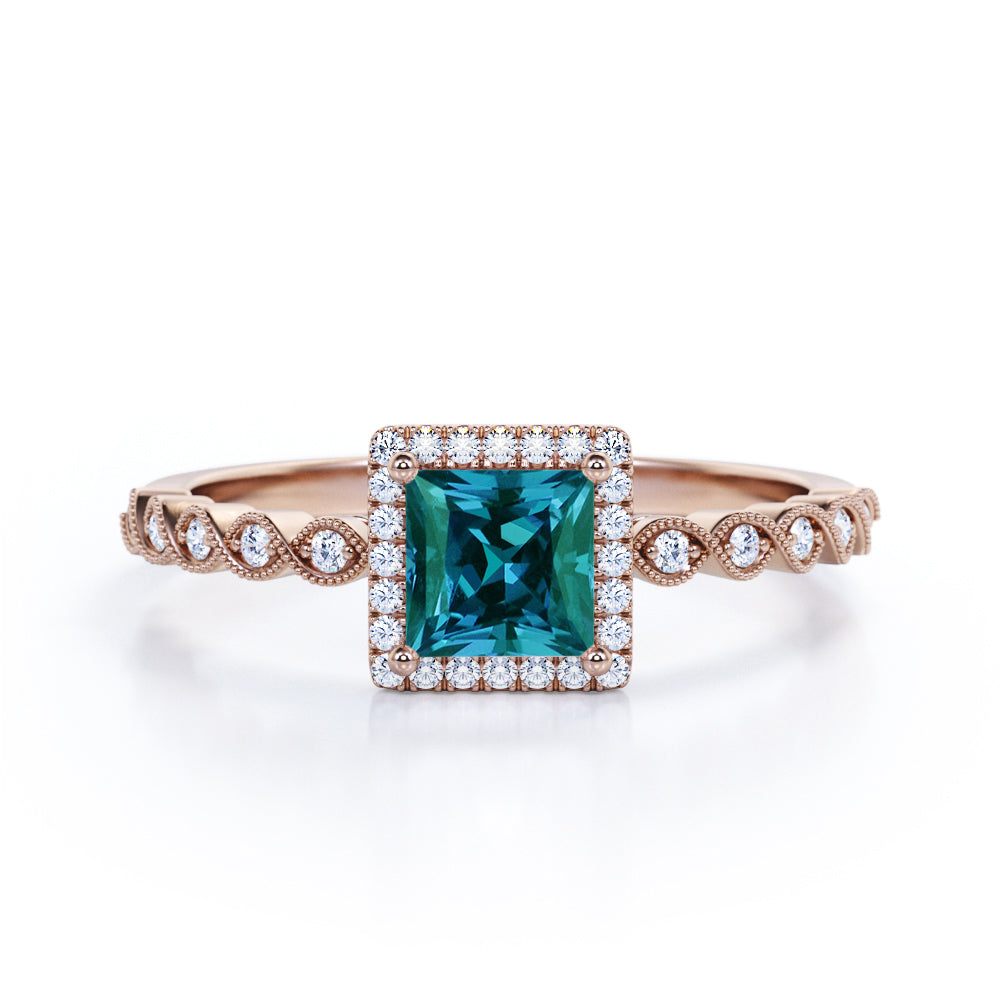 Intricate 1.35 Carat Princess Cut Lab Created Alexandrite And Diamond Leaf Design Engagement Ring In White Gold For Women.