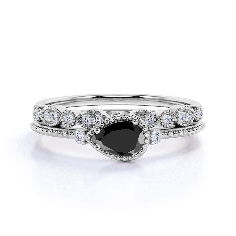 Unique antique 0.8 Carat Pear cut Lab Black Diamond Wedding Ring Set for Women in Rose Gold