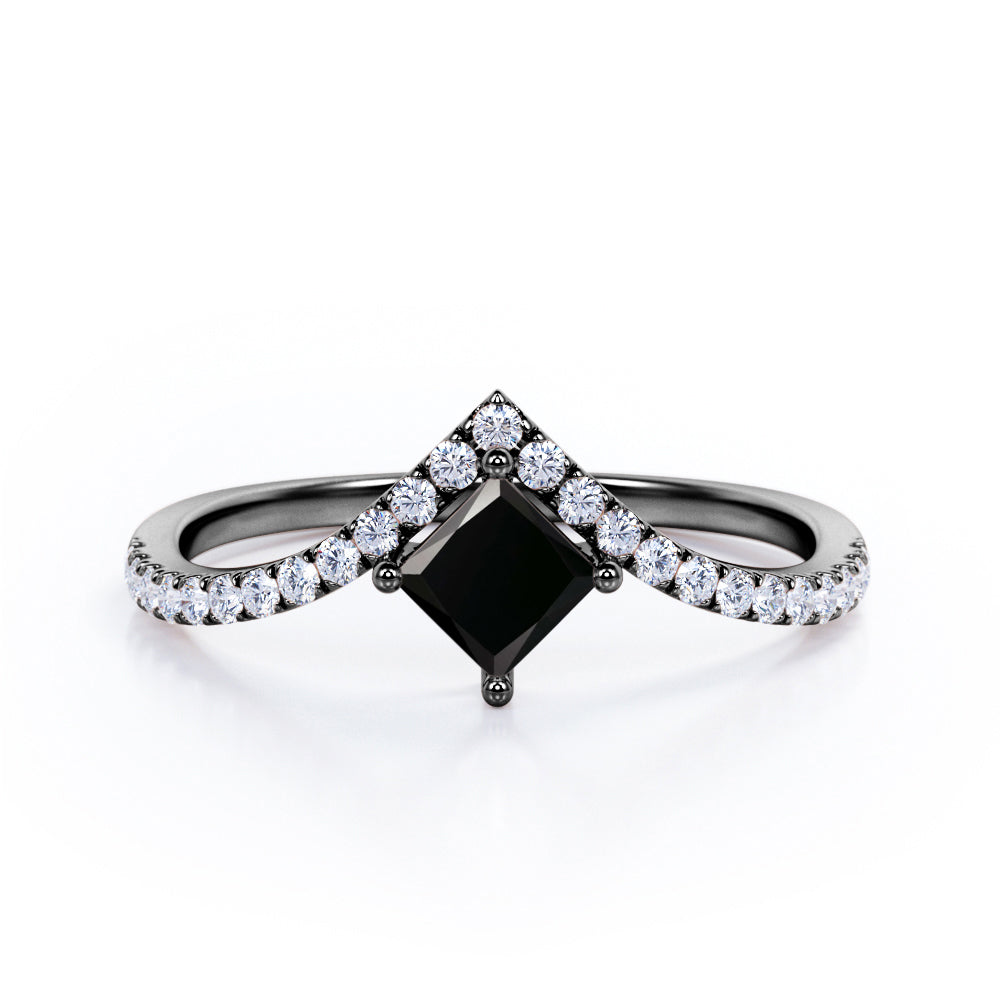 Tiara Design 1.25 Carat Princess Cut Black Diamond Four Prong Pave Engagement Ring In White Gold