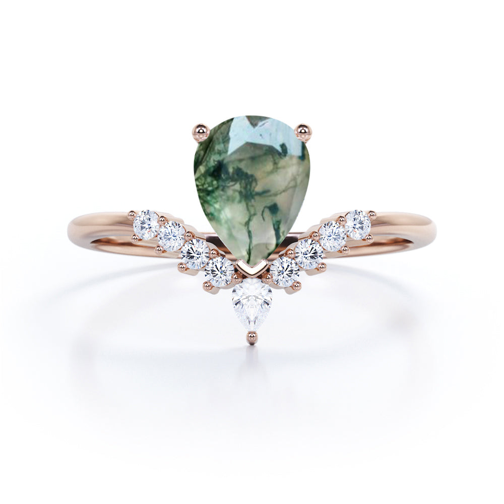 0.6 Carat Pear Green Moss Agate Promise Ring