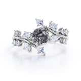 Floral Nature-Inspired 1 Carat Round Cut Solid Dendritic Black Rutilated Quartz and Diamond Unusual Engagement Ring for Women