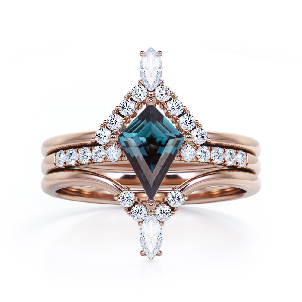 Pave Set 1.25 Carat Kite Shaped Lab Created Alexandrite And Diamond Trio Set In White Gold