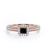 Halo Design 1.25 Carat Princess Cut Black Diamond Milgrain-Bordered Pave-Channel Engagement Ring in White Gold