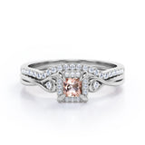 Cushion Halo Prong - 0.85 TCW Princess Cut Morganite and Moissanite - Infinity Split Shank Wedding Ring Set -  White Gold