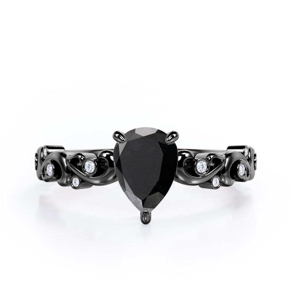Vintage Style Scroll 0.5 carat Pear Black Diamond Engagement Ring in Rose Gold