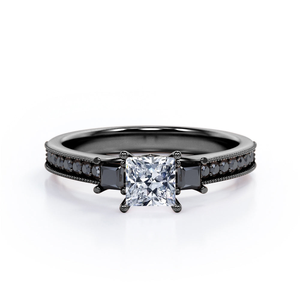Trilogy Cathedral Prong - 1.4 TCW Princess Cut Moissanite with Lab Created Black Diamond - Milgrain Pave Channel Engagement Ring  in White Gold