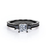 Trilogy Cathedral Prong - 1.4 TCW Princess Cut Moissanite with Lab Created Black Diamond - Milgrain Pave Channel Engagement Ring  in White Gold