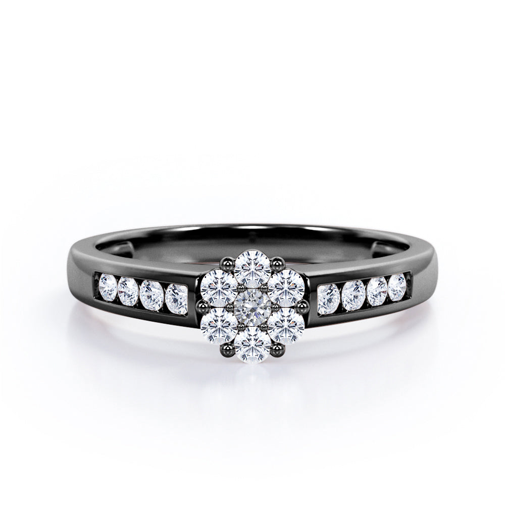 Clustered 1 carat Round Petite Moissanite and Diamonds Channel Engagement Ring in Yellow Gold