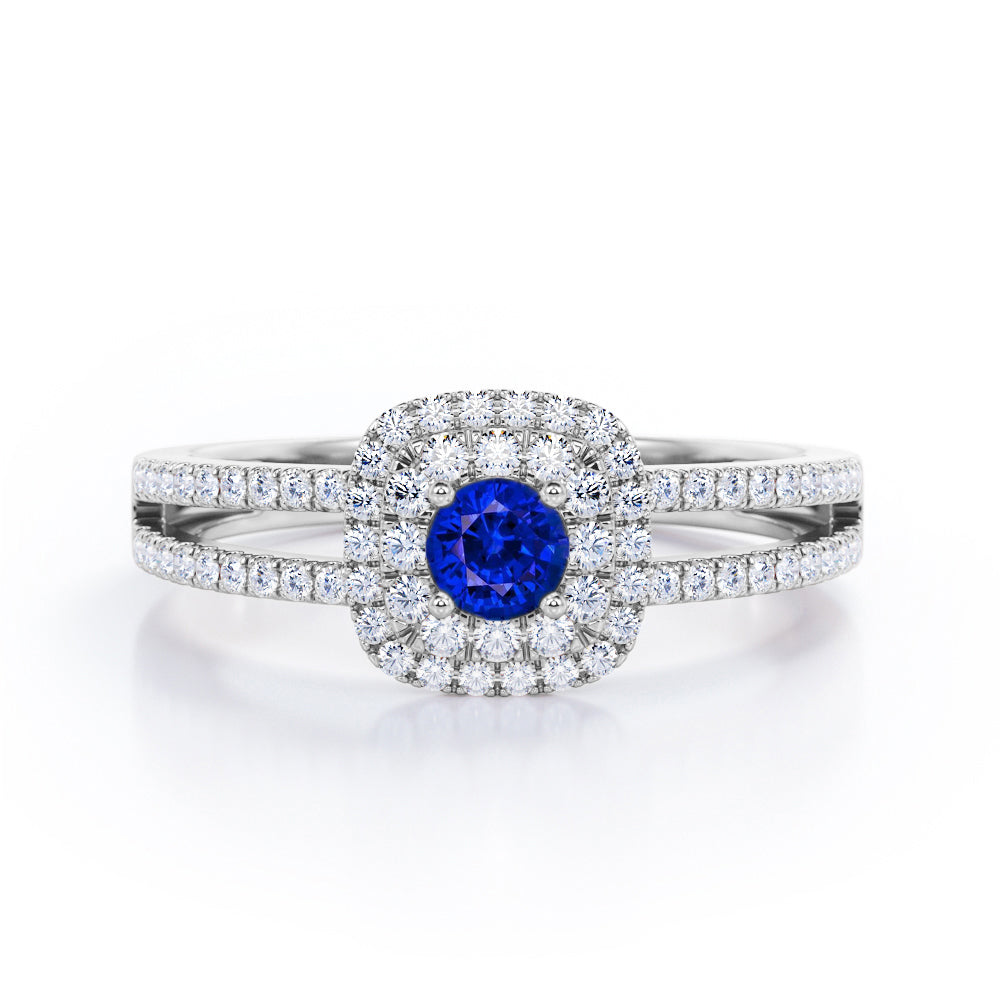 Double Halo 1.55 Carat Round Cut Sapphire And Diamond Split Shank Engagement Ring In Rose Gold
