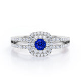 Double Halo 1.55 Carat Round Cut Sapphire And Diamond Split Shank Engagement Ring In Rose Gold