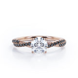 Basket Cathedral - 1.45 TCW Round Shape Moissanite with Lab Created Black Diamond - Crossover Pave Engagement Ring in Black Gold