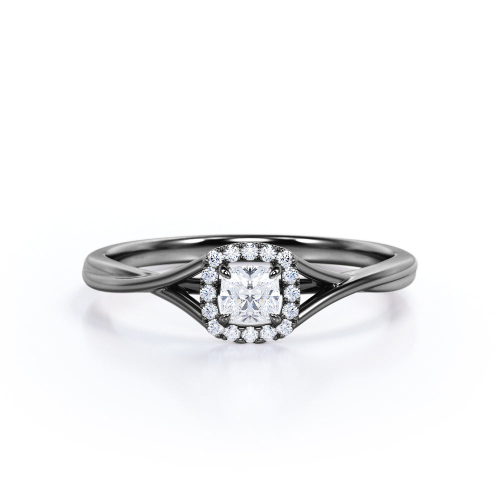 Beautiful Halo 0.75 carat Cushion Moissanite and Diamond Split Shank Engagement Ring in White Gold