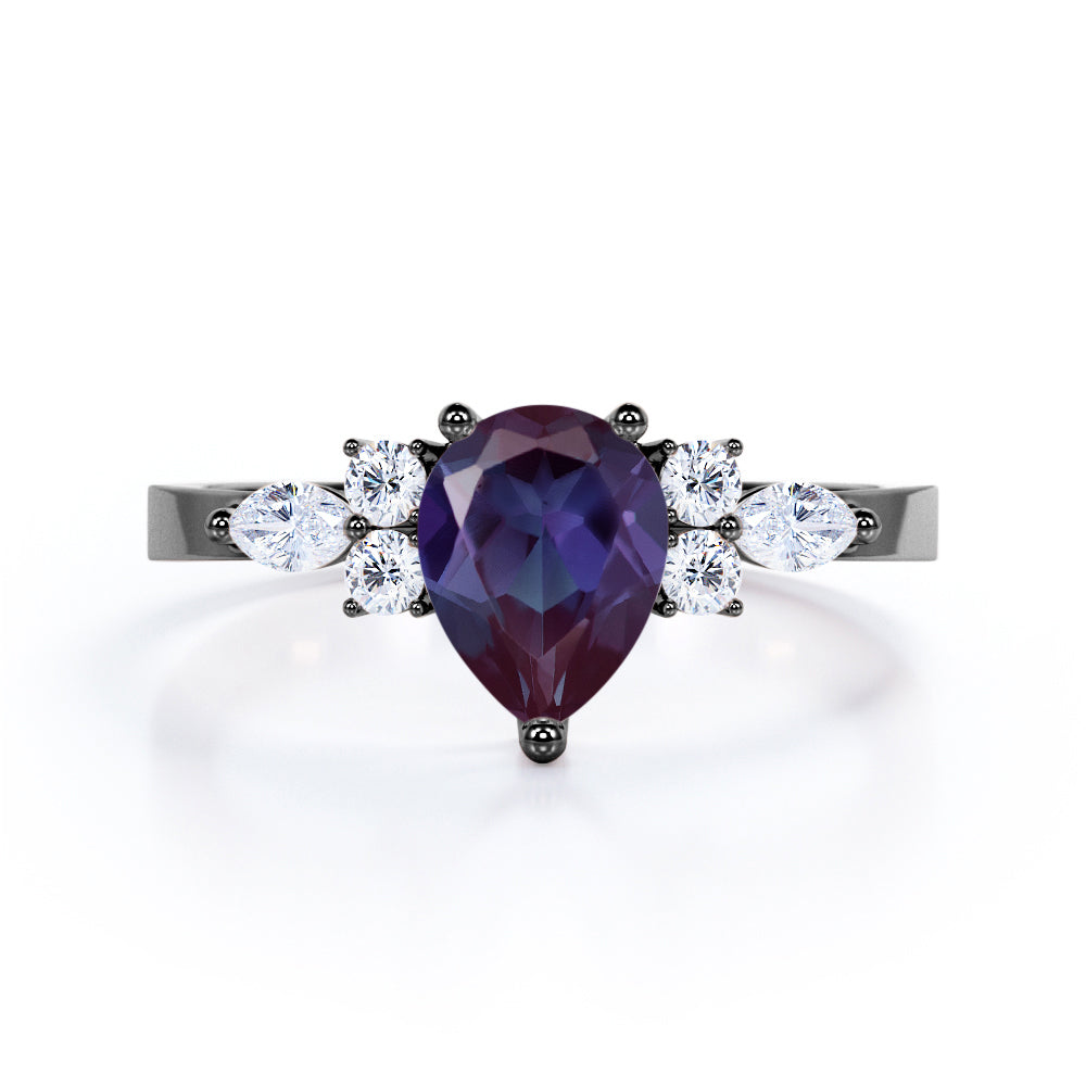 Unique 1.35 Carat Tear Drop Lab Created Alexandrite And Diamond Seven Stone Engagement Ring In White Gold