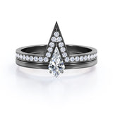 Classy Minimalist 0.7 carat Kite Shape Moissanite and Diamond Bridal Ring Set in Black Gold