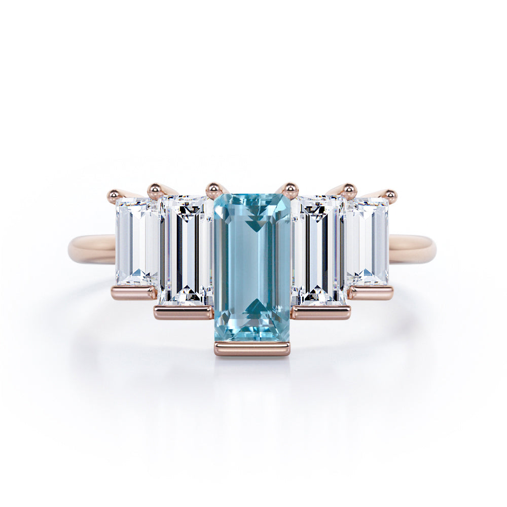 Graduated Baguette 1.5 carat Aquamarine and Cubic Zirconia Engagement Ring in White Gold